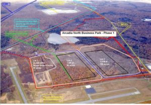 Aerial view with color coordinated mapping lines showing various Lots and major roadways around the Arcadia North Business Park Phase 1