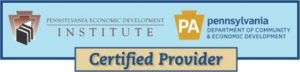 Pennsylvania Economic Development Institute and Penn Department of Community and Economic Development logo stating Certified Provider