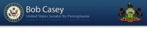 Banner with Congressional seal on the left. White text on blue background reads Bob Casey United States Senator for Pennsylvania
