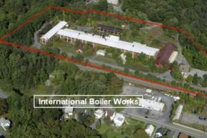 Aerial view with red perimeter line of the former International Boiler Works (IBW) Building in East Stroudsburg