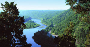 Photograph looking out across a the Delaware Water Gap with mountains on either sides