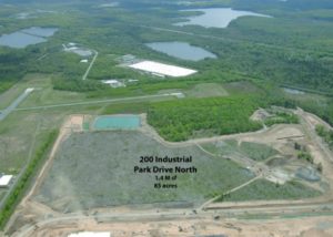 Aerial view of 85.54 acres at Arcadia North Business Park in Coolbaugh Township. Over layed text in black reads 200 Industrial Park Drive North 1.4M sf 85 acres