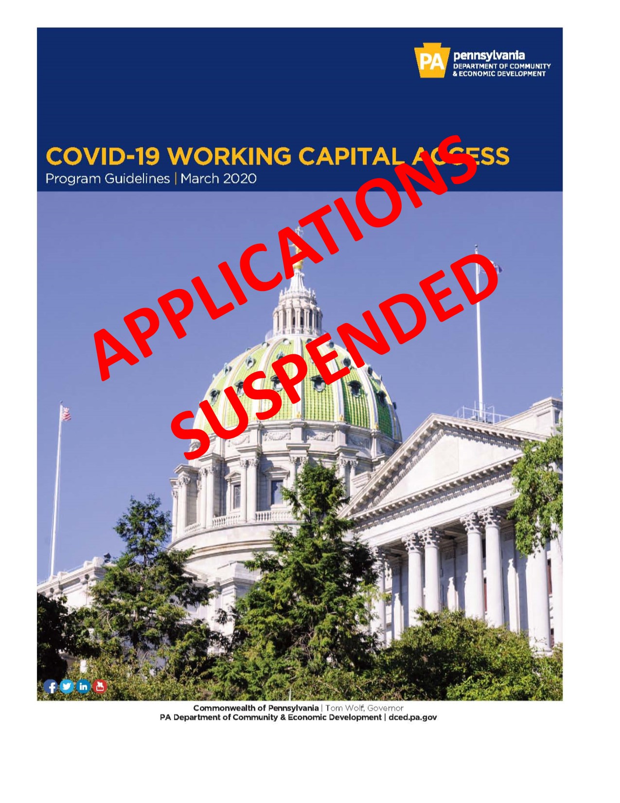PA COVID19 Working Capital Access Program Applications Suspended